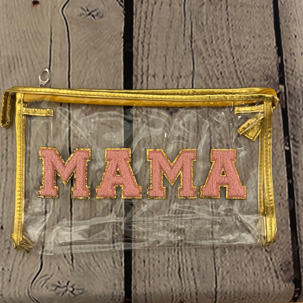 🆕 NWT Clear Makeup Bag with Pink 'MAMA' and Gold Trim